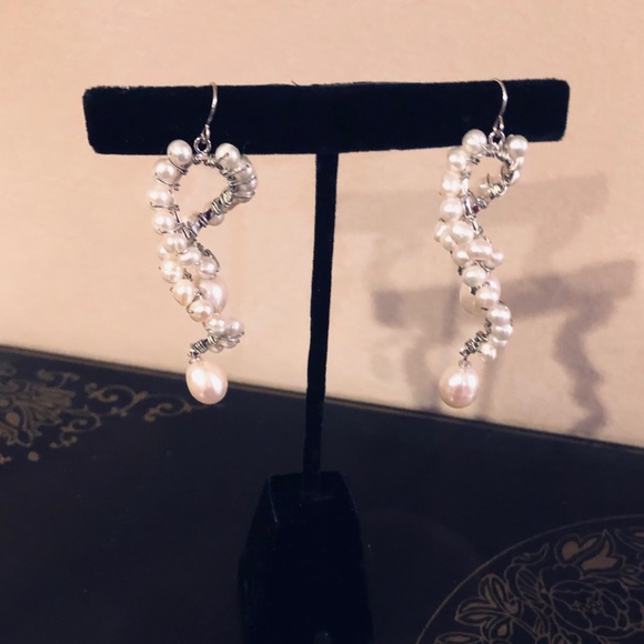 Huge Dangling Earrings Genuine White Pearls - Picture 2 of 3